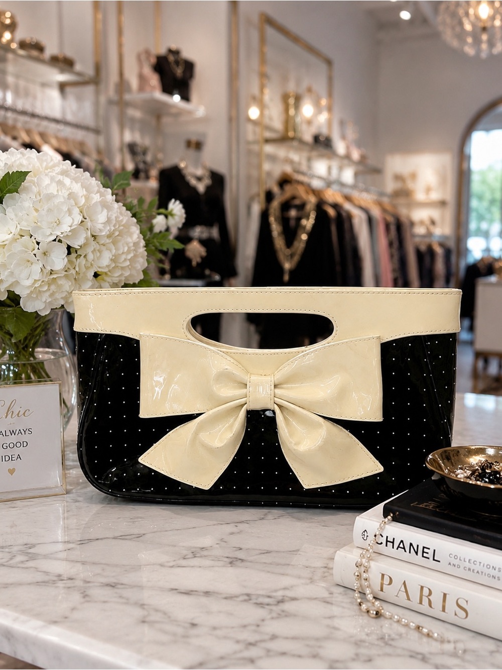 Isabella Fiore Bow Clutch – Black & Ivory Patent Faux Leather Evening Handbag